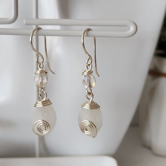 White Amazonite Dangle Earrings / Silver Wire Wrapped Amazonite Drop Earrings - Picture 2 of 12